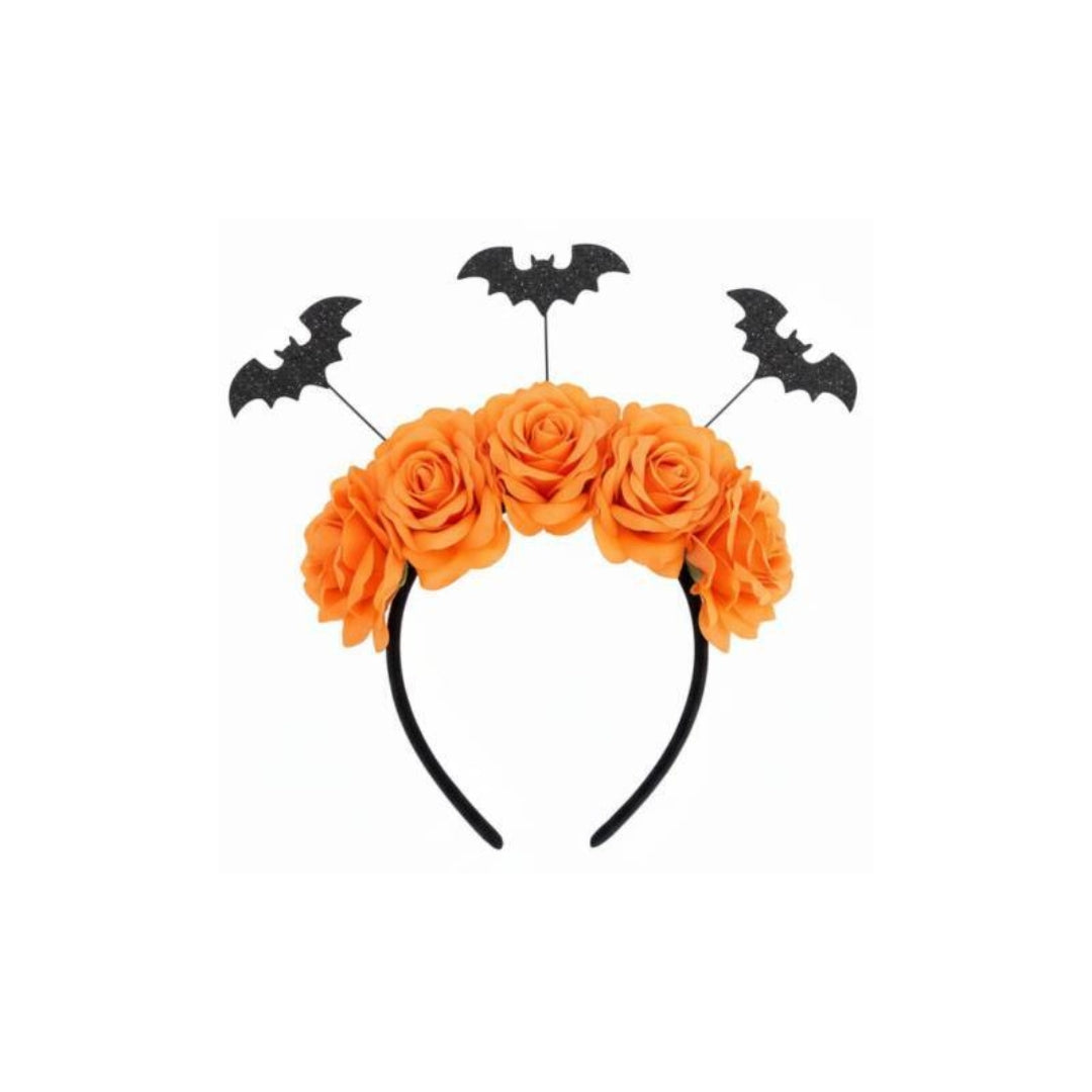 Vincha flores con murciélagos Halloween