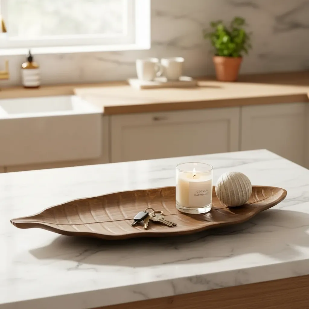 Bandeja Decorativa Forma De Hoja Simil Madera Centro De Mesa