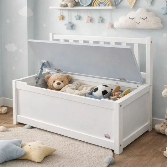 Baúl Organizador Infantil Juguetes Con Banco Respaldo Madera