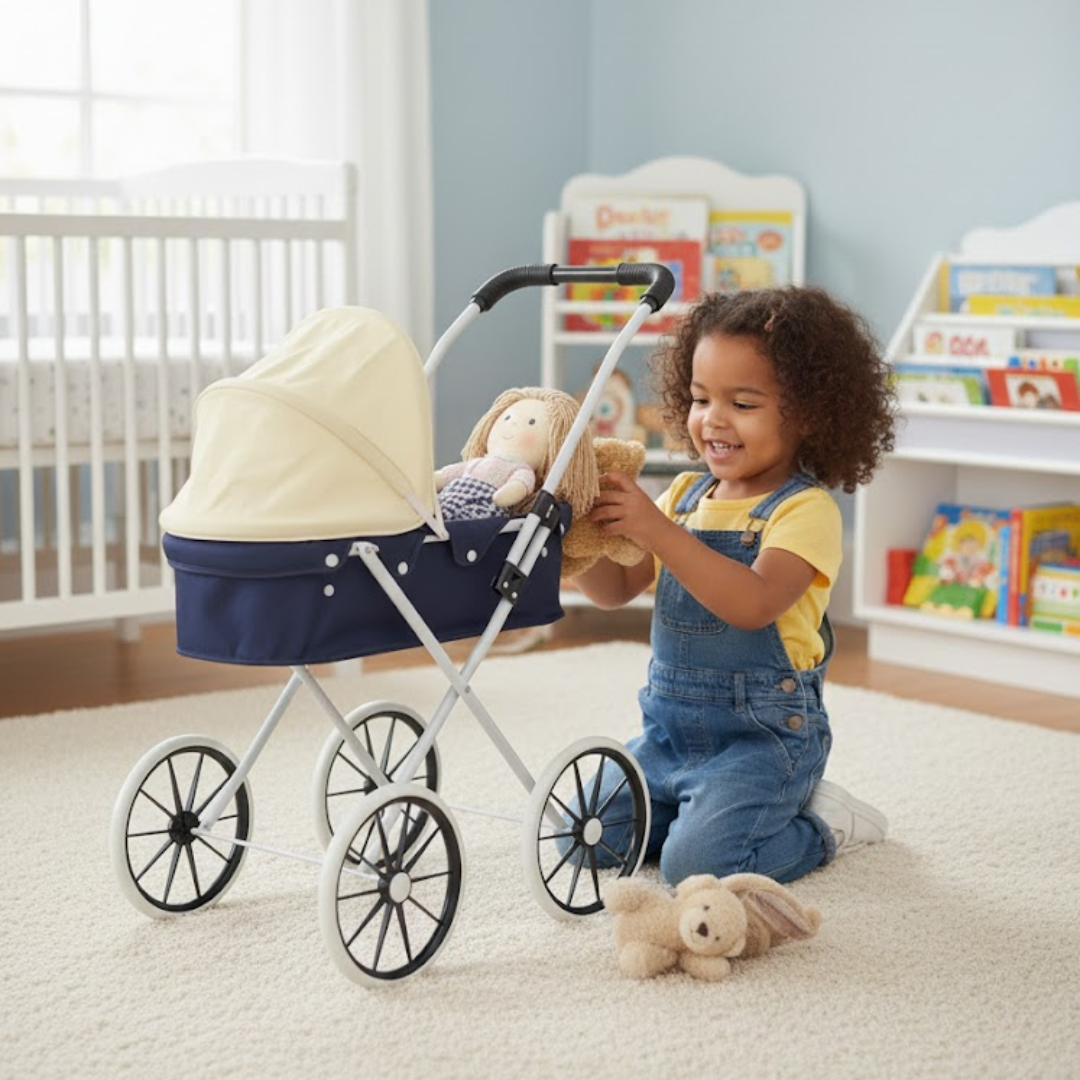 Coche Para Muñeca Azul Juguete Cuna Cochecito Con Techo