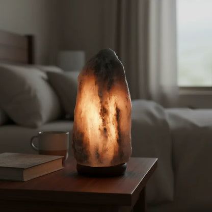 Lámpara de sal de Himalaya Gris con Base de Madera