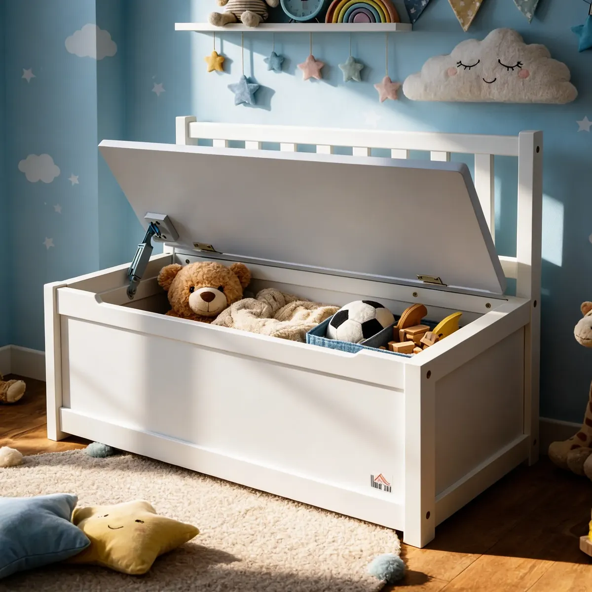Baúl Organizador Infantil Juguetes Con Banco Respaldo Madera